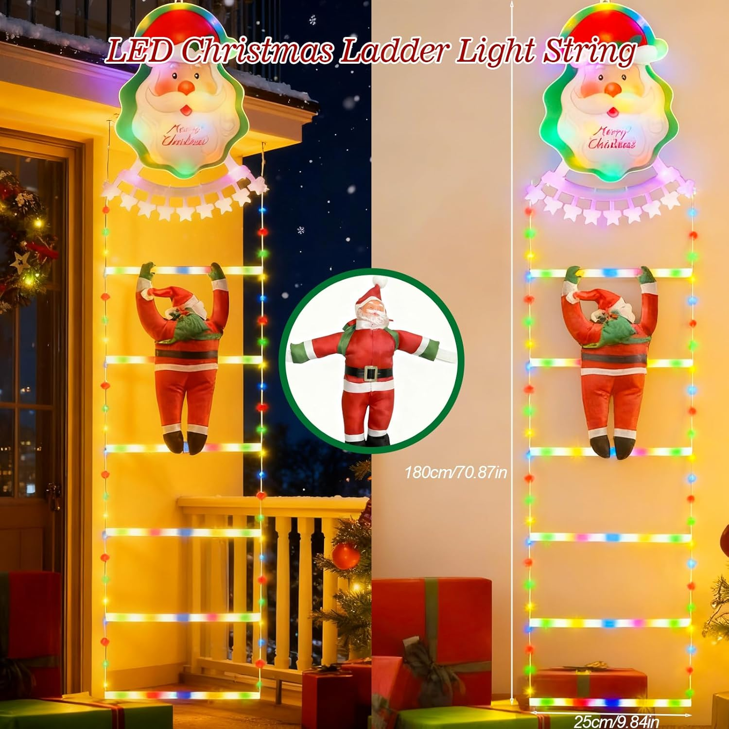 Quintrost LED Santa Claus Ladder Fairy Lights, 1.8 M Ladder Christmas Fairy Lights, Battery Operated, 8 Modes Christmas Lighting for Indoor Outdoor Christmas Tree Window Balcony Christmas Decoration