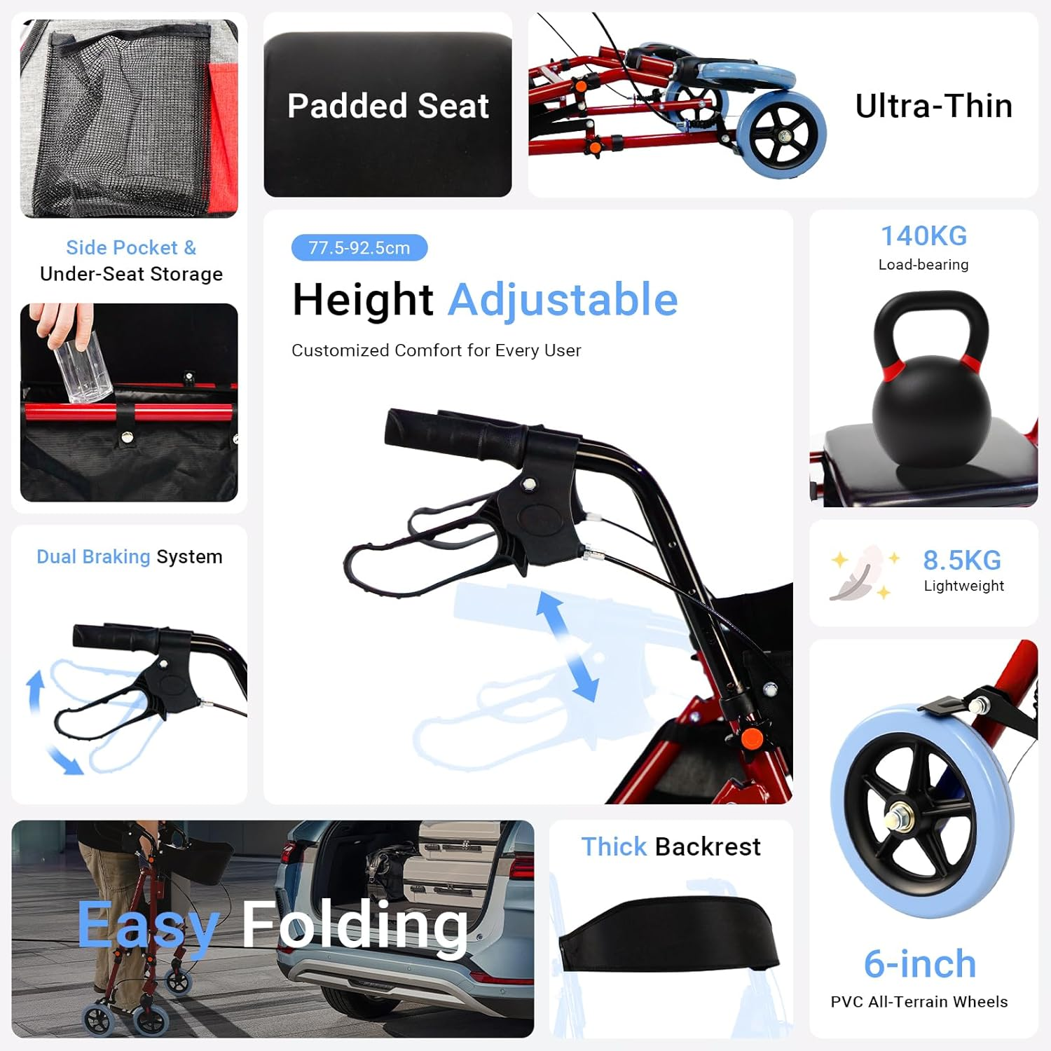 USOR Steel Rollator Walker with Seat Adjustable Handles 6&rdquo; Wheels Foldable Supports up to 140KG Medical Walker for Mobility Impaired Rollator for Seniors image number 1