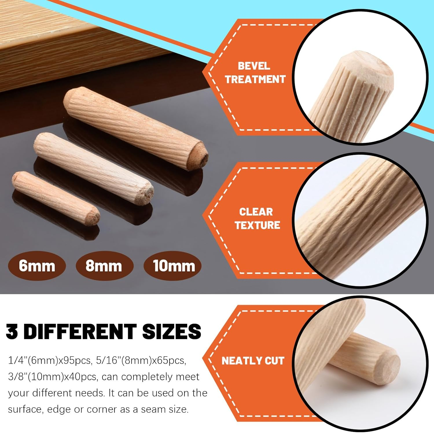 Tanstic 200Pcs 9 Sizes Wooden Dowel Pins, 6Mm 8Mm 10Mm Wood Beveled Ends Tapered Pins, Straight Groove Wooden Dowel Pins for Furniture Door Art Crafts Projects image number 2