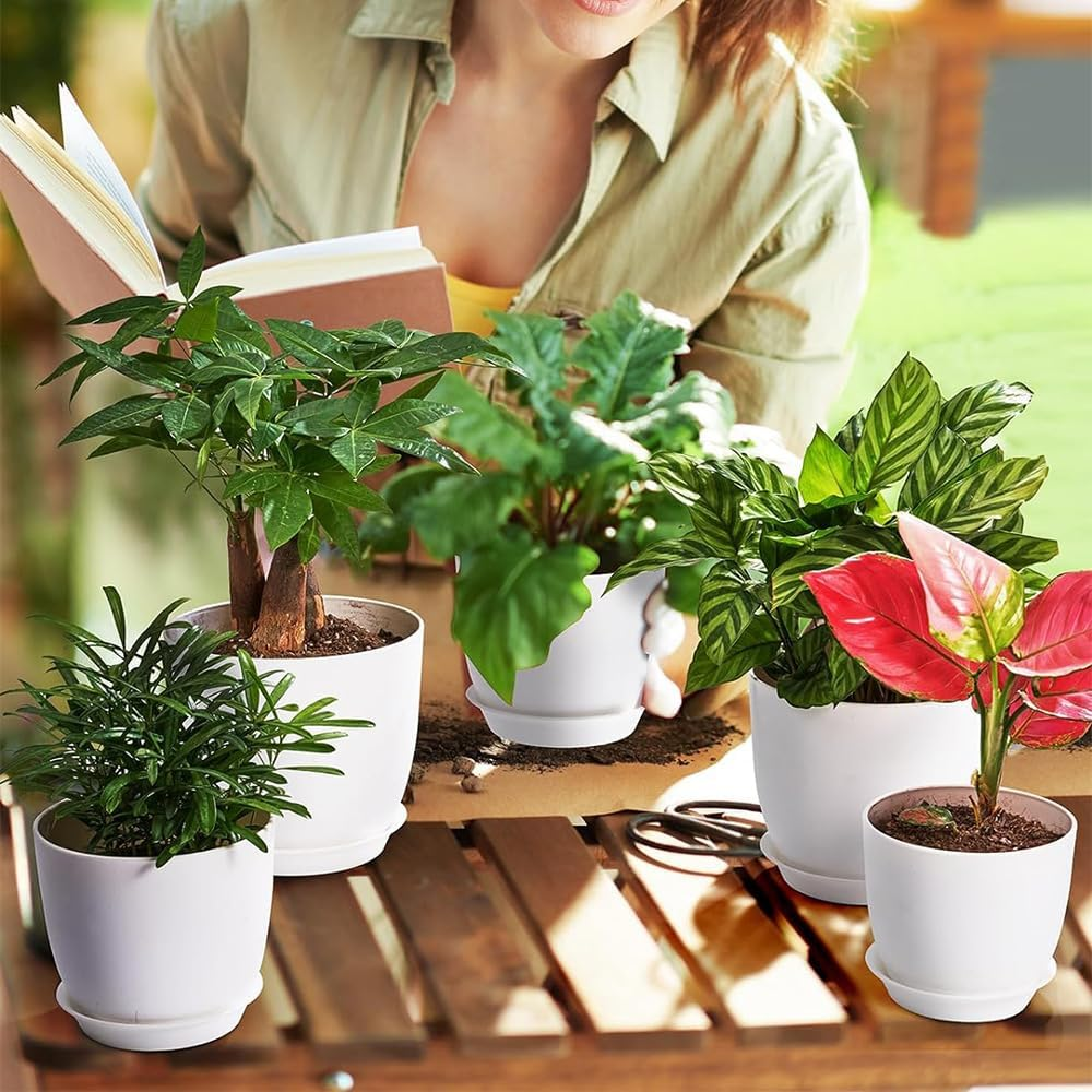 5 Pack Modern Indoor/Outdoor Plant Pots - White Plastic Planters with Drainage Holes & Trays | Decorative Flower Pots for Home Gardening image number 1