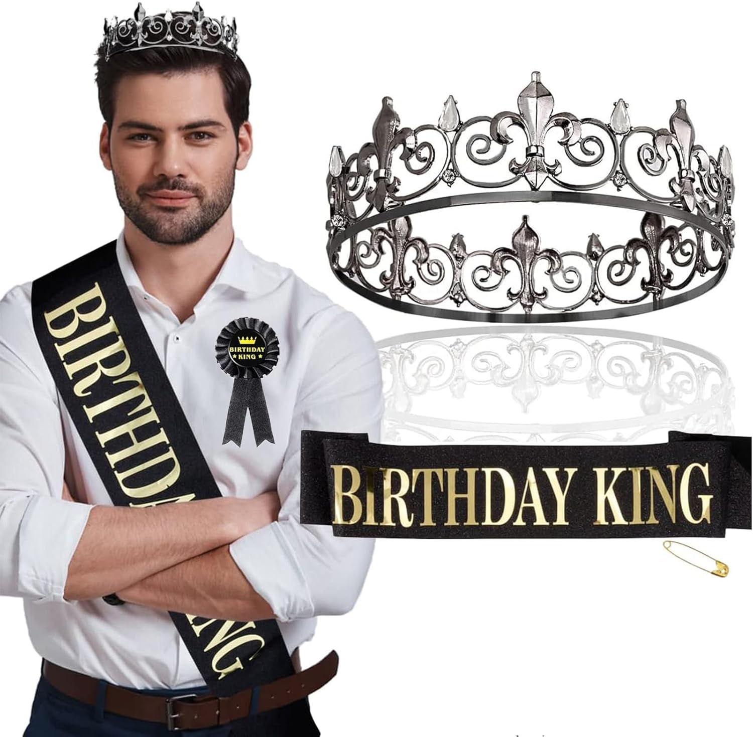 3Pcs Happy Birthday Decorations for Men, Birthday King Crown and Birthday Sash Tinplate Badge Pin, Men Birthday Decorations, Birthday Crown for Men Birthday Party(Black and Gold) image number 5