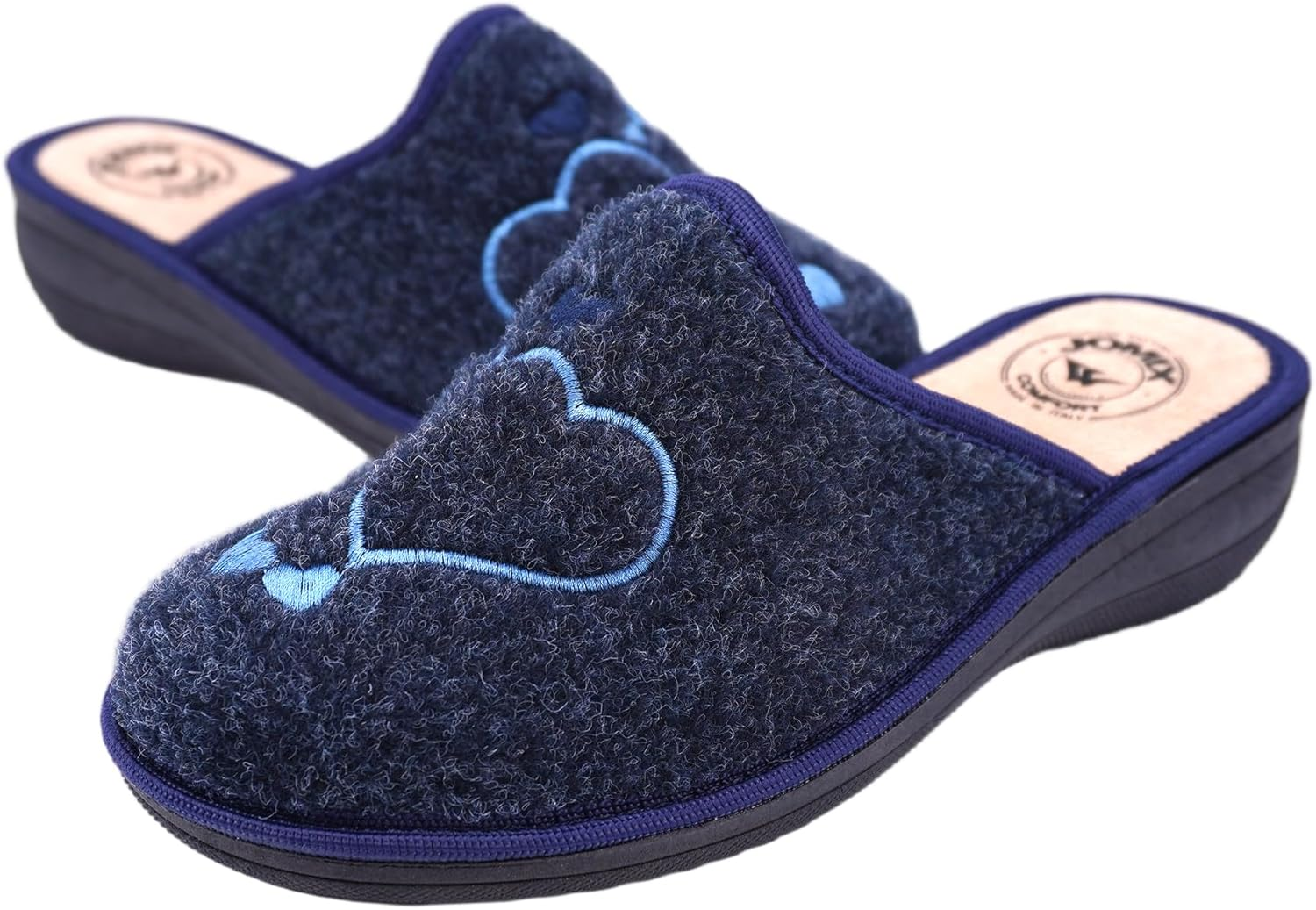 JOMIX Women'S Slippers Winter Comfortable Slippers Low Wedge Heel Made of Felt with Embroidered Hearts Warm Soft Non-Slip Made in Italy