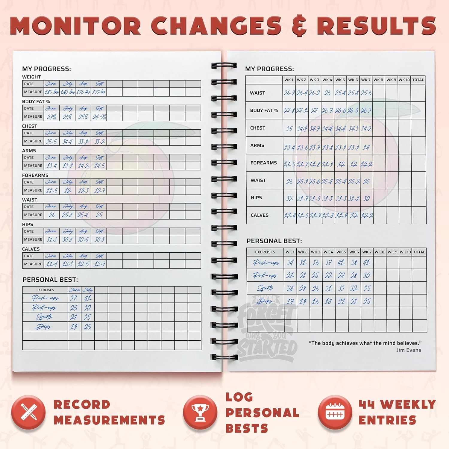 Workout Log Gym - XL 5" X 8"/A5 Sized Training and Gym Diary - Set Your Fitness Goals, Track 100 Workouts and Record Your Progress in Clear Detail (Peach) - Avo Green image number 3