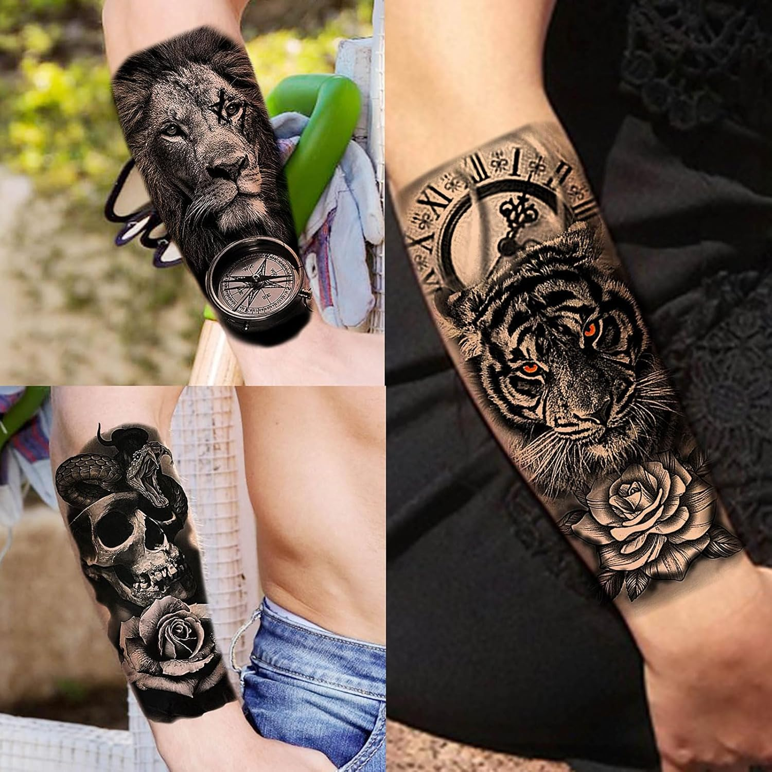 72 Sheets Large Half Arm Sleeve Temporary Tattoos for Men Women Forearm, Tribal Wolf Tiger Lion Owl Skull Temp Halloween Fake Tattoo Stickers Adults, Black Realistic Tattoo Flower Rose Animals