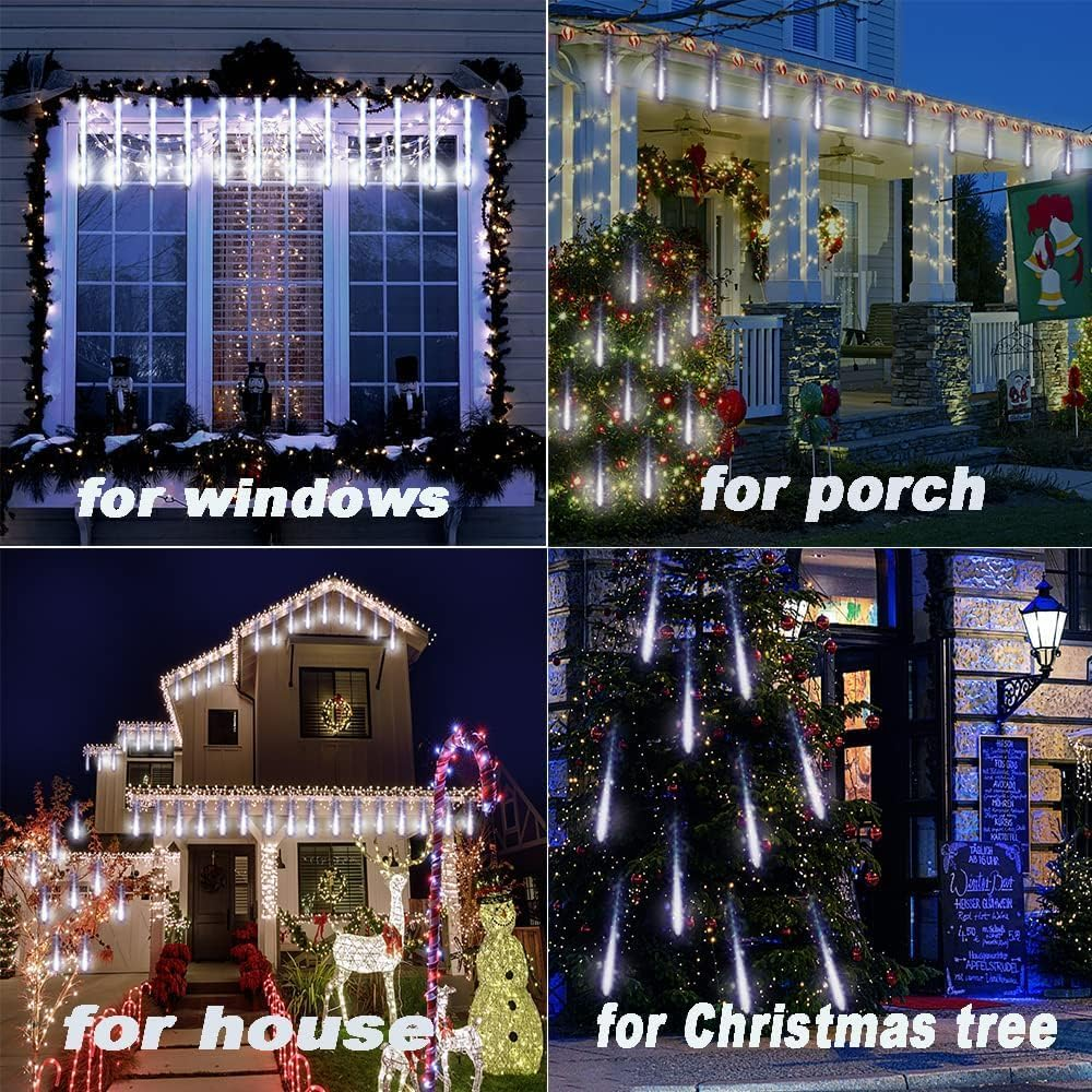 Outdoor Christmas Decorations, Waterproof 20-Tube Meteor Shower Lights for Xmas Wedding Party Decor, Wedding Decorations for Reception, Plug In, White - Blue image number 3