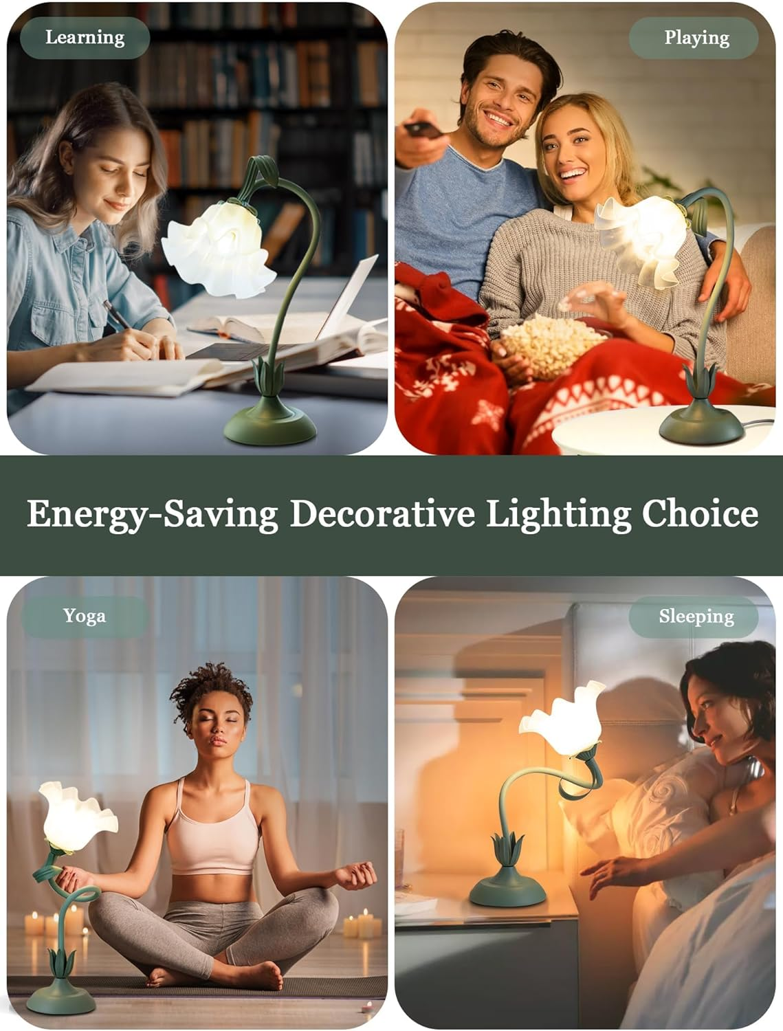 WELTONHM Flower Table Lamp,Led Reading Light Bedside Vintage Flower Night Light,3 Colors Modes Kawaii Bedside Lamps Decor,Living Room Bedroom Room Lighting Table Lamps Home Decoration (Green)