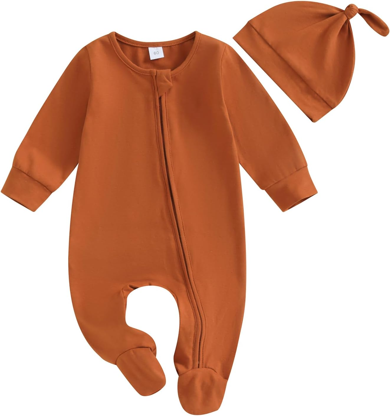 Newborn Baby Girl Boy Clothes Infant Long Sleeve Soild Footed Romper Zipper Footie Jumpsuit with Hat Fall Outfit