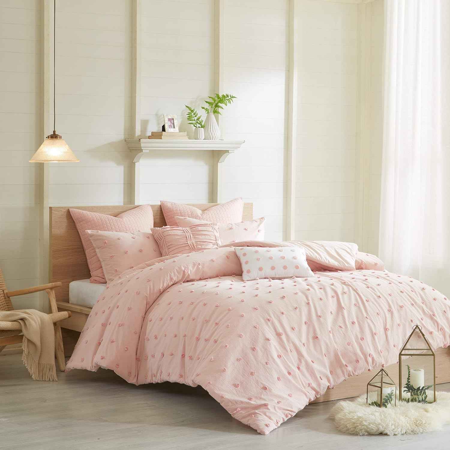 Urban Habitat Duvet Set 100% Cotton Jacquard, Tufts Accent, Shabby Chic All Season Cover for Comforter, Matching Shams, Decorative Pillows, Full/Queen (88 in X 92 In), Pink 7 Piece image number 3