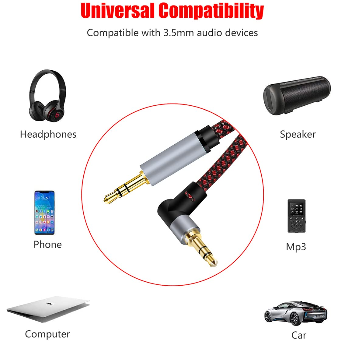 Tunghey 3.5Mm Audio Cable Hi-Fi Sound Stereo Nylon Braided Male to Male Aux Cord 90 Degree Aux Cable Gold Plated Compatible with Tablets Headphone Speakers Home Car Stereos (6M) image number 4