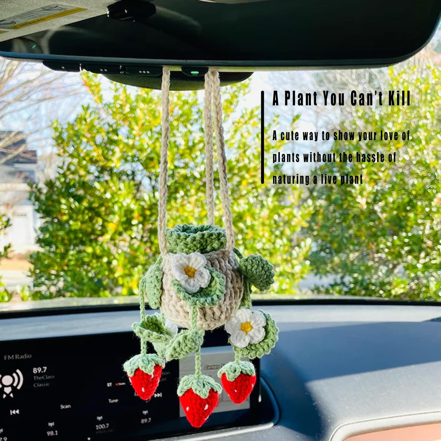 Cute Crochet Plant for Car Rear View Mirror,Boho Handmade Car Mirror Hanging Accessories for Women Girls,Green Interior Aesthetic Decor Truck Hanger Ornament Charm for Men (Red Strawberry Plant) image number 6