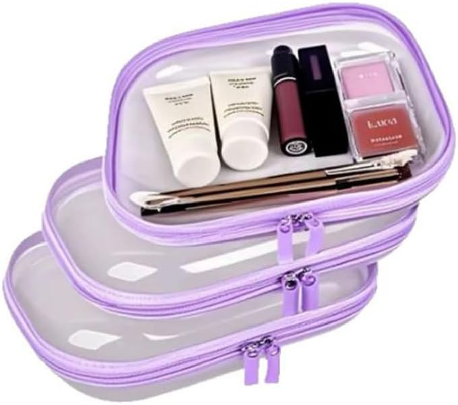 3 Pack Portable Waterproof Cosmetic Bag with Zipper, Small Medium Large Portable Travel Makeup Bag Organizer Bin, Clear Hard Shell Zipper Case for Cosmetic Storage, Putting Snacks(Purple) image number 1