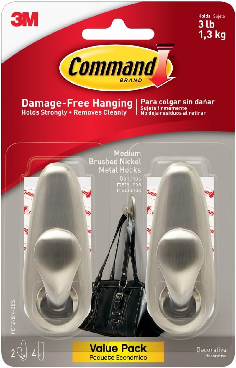 Command Medium Brushed Nickel Metal Hooks, 2 Hooks and 4 Command Strips, Damage Free Wall Hooks with Adhesive Strips, Forever Classic Hooks for Hanging Home Decor, Holds up to 3 Lb image number 4