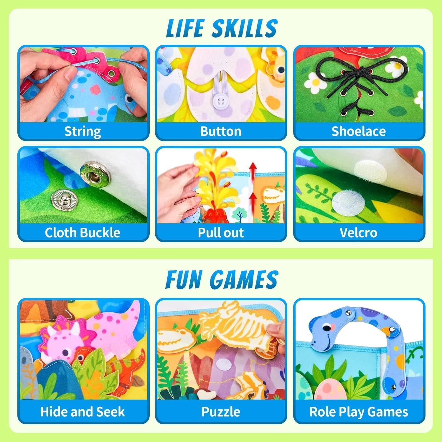 Kukelen Busy Board Quiet Book,Busy Montessori Toys for Toddlers 3-6, Dinosaur Busy Book for Boys, Preschool Learning Toy for Kids image number 6