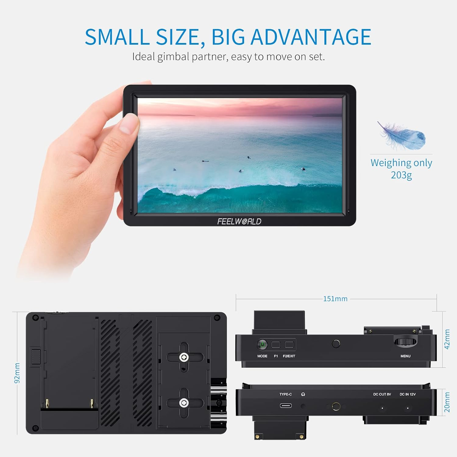 FEELWORLD FW568S 6 Inch DSLR Camera Field Monitor with Waveform 3D LUT SDI 4K HDMI Input Output Video Peaking Focus Assist Small 8.4V DC Include Tilt Arm