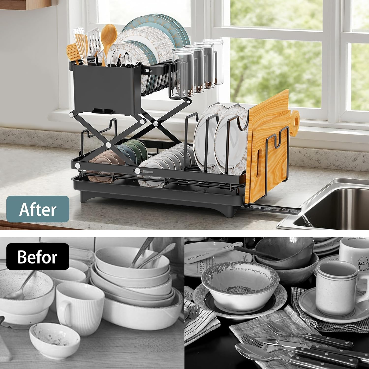 Dish Rack for Kitchen Counter Large 2 Tier Dish Drying Rack with Drainboard Set Folding Dish Drainer with Dishwashing Sponge for Kitchen Storage & Organisation (Black) image number 5