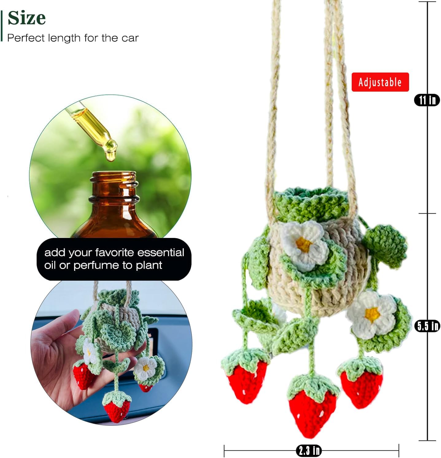 Cute Crochet Plant for Car Rear View Mirror,Boho Handmade Car Mirror Hanging Accessories for Women Girls,Green Interior Aesthetic Decor Truck Hanger Ornament Charm for Men (Red Strawberry Plant)