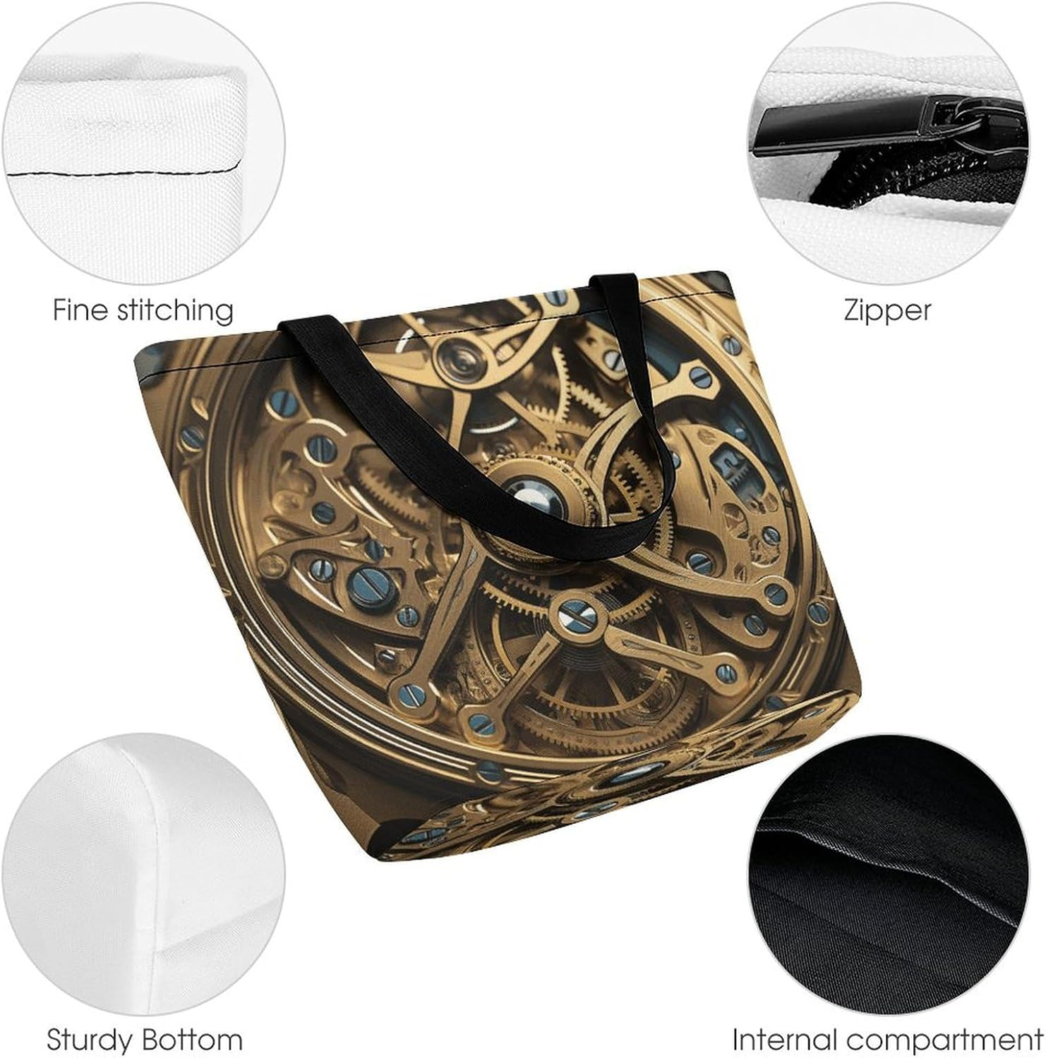 Tote Bag for Women Shoulder Bag with Zipper Cool Steampunk Gears Handbag for Travel Work Grocery Bag, Style, One Size, Style, One Size image number 3