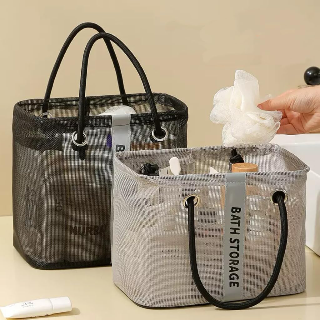2 Pack Mesh Shower Caddy Tote, Black & Gray Bath Storage Organizer with Handles for Toiletries, Bathroom, Dorm, Travel image number 3