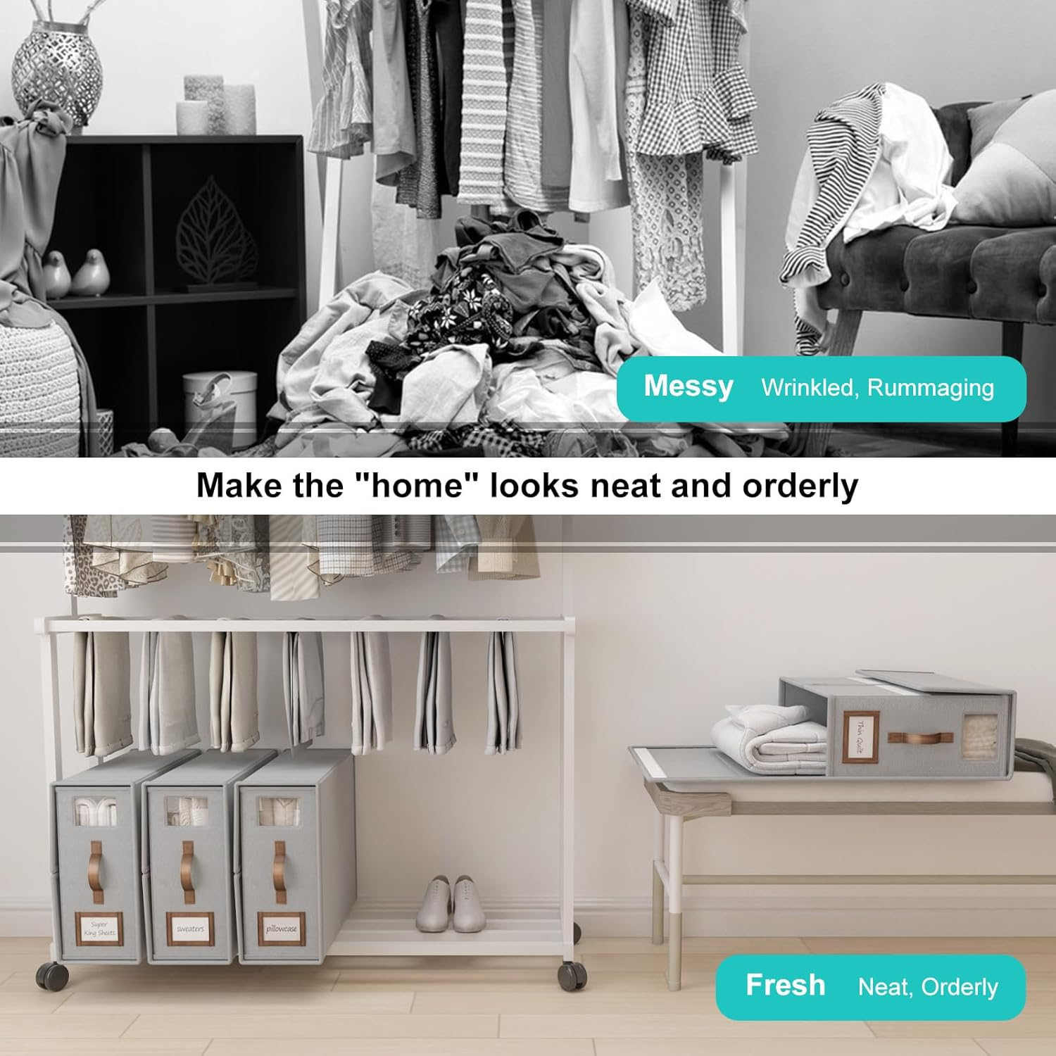 Bigponpon 4 Pack Bed Sheet Organizers and Storage,Foldable Sheet Organizer for Linen Closet(Super King Size),Linen Bedding Storage Box with Leather Handle for Bedsheets,Flannel Blankets,Thin Quilts image number 7