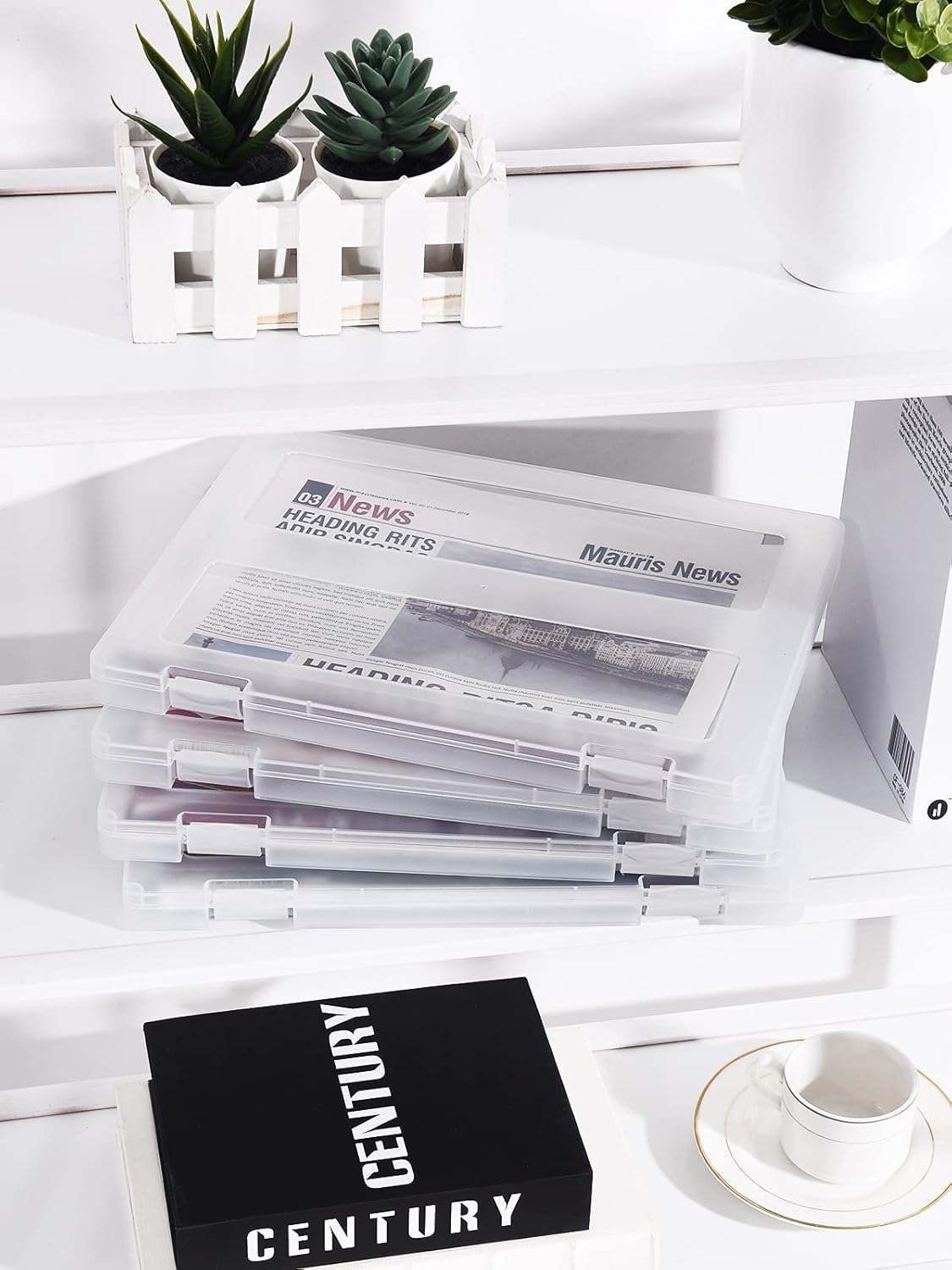 Denkee 4 Pack A4 File Portable Project Case, Plastic Storage Box for 8.5" X 11" Letter Paper, Scrapbook Paper Storage Boxes Documents Magazines Holder (Inner Size 12.2 X 8.9 X 0.7 In) image number 1