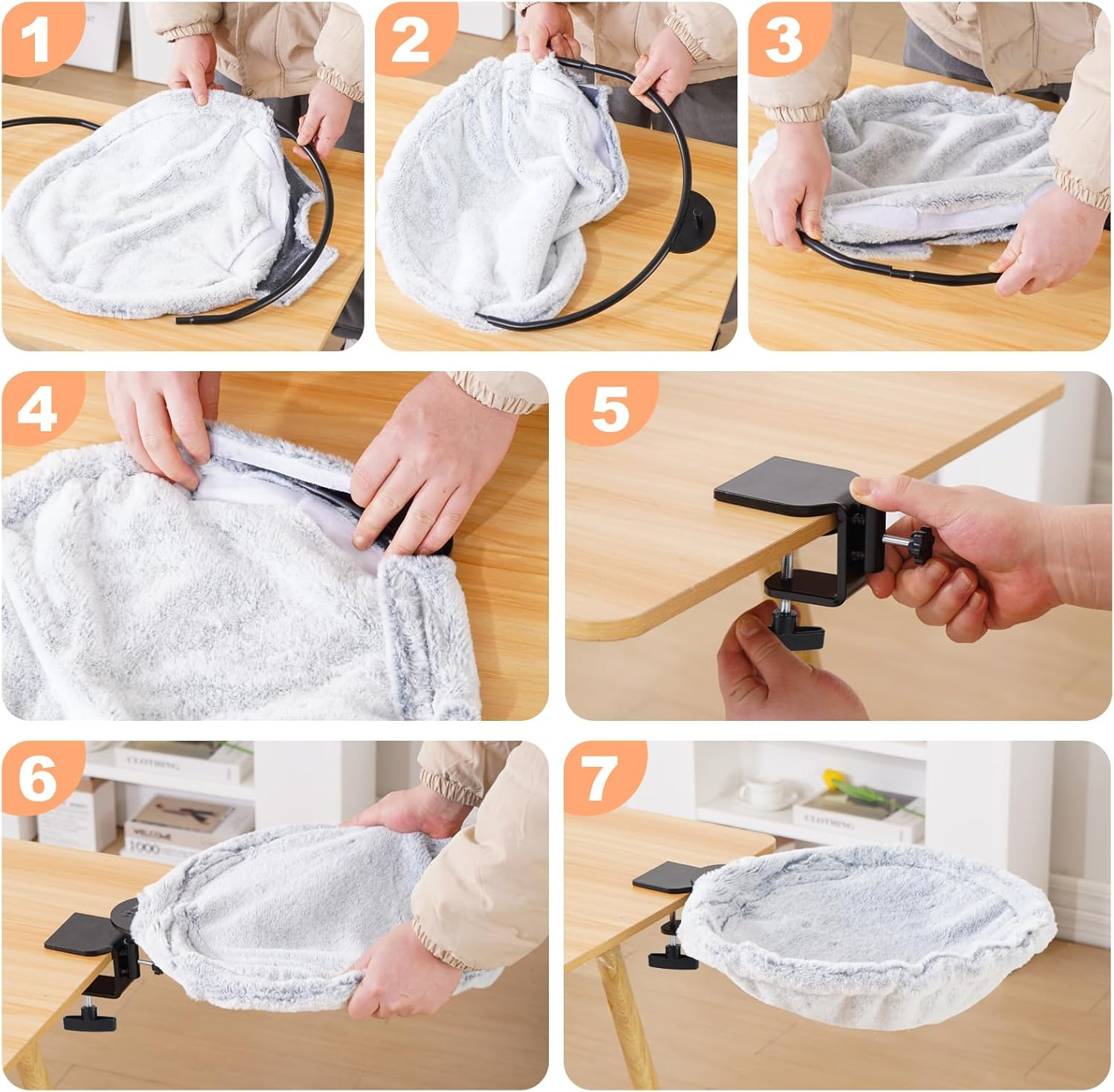 Uross Cat Desk Bed - 180&deg; Rotating Soft & Comfortable Rabbit Fur Bed Cat Hammock, Modern Indoor Cat Nest Furniture for Office Desks and Game Tables, Island Table-Supports 23 KG (Lightgrey) image number 3