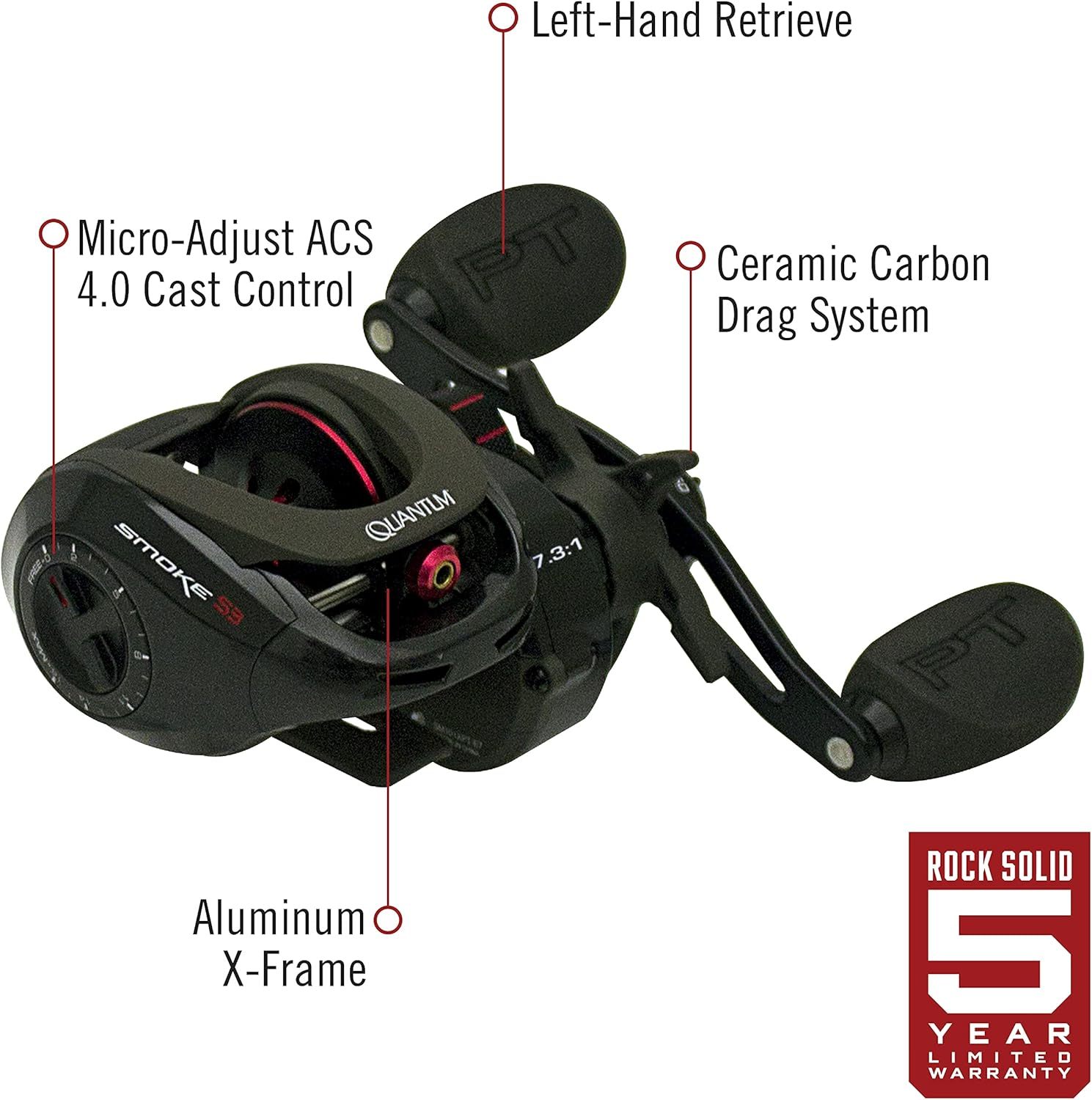 Quantum Smoke Baitcast Fishing Reel, Size 100 Reel, Large EVA Handle Knobs and Continuous Anti-Reverse Clutch, 10+1 Bearings, Black image number 2