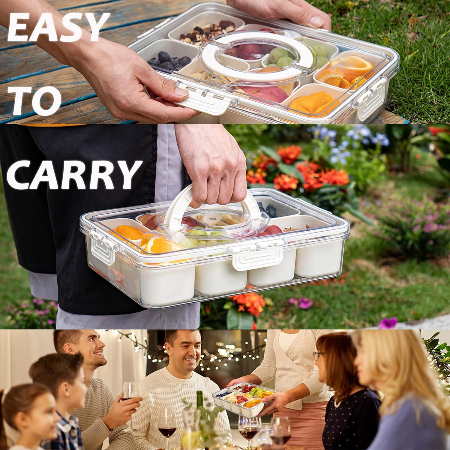 Dishwasher Safe Snack Box Container, 8 Compartments Storage Containers with Airtight Lid & Handle - Clear Snack Divided Serving Tray for Veggie, Candy and Nuts Organizer, Portable Platters (1) - 2 image number 7