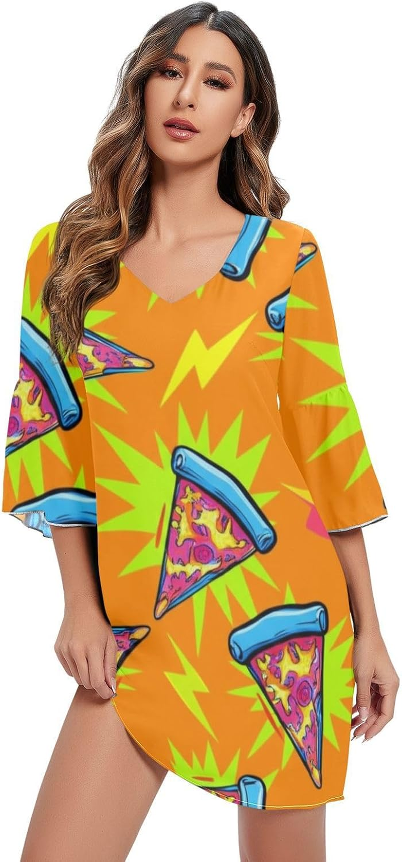 Cartoon Pizza Orange Casual Chiffon Dress Printed Line Maternity Dress S-XXL