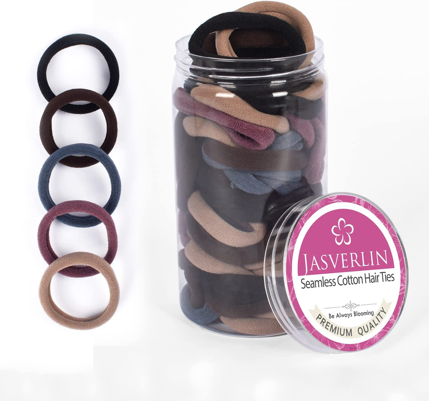 JASVERLIN 100 Pcs Dark Brown No Damage Hair Ties Cotton Ponytails Holders Seamless Soft Thick Hair Bands, Accessories for Women Girl 1 1/2 Inch (Dark Neutral)