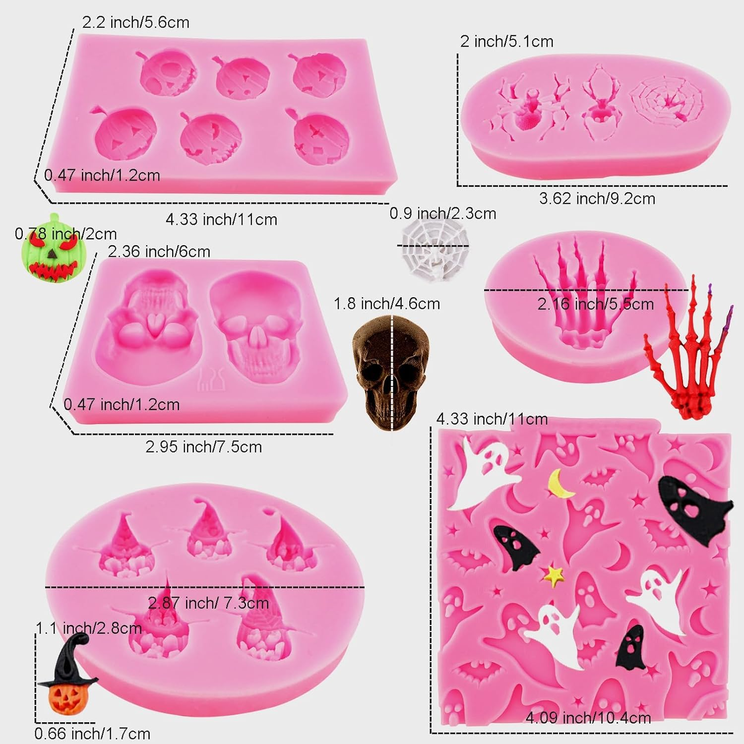Halloween Molds Silicone Pumpkin Skull Spider Batskeleton Hand Bat Ghost for Chocolate Candy Fondant Polymer Clay Cupcake Gummy Cake Decorating image number 1