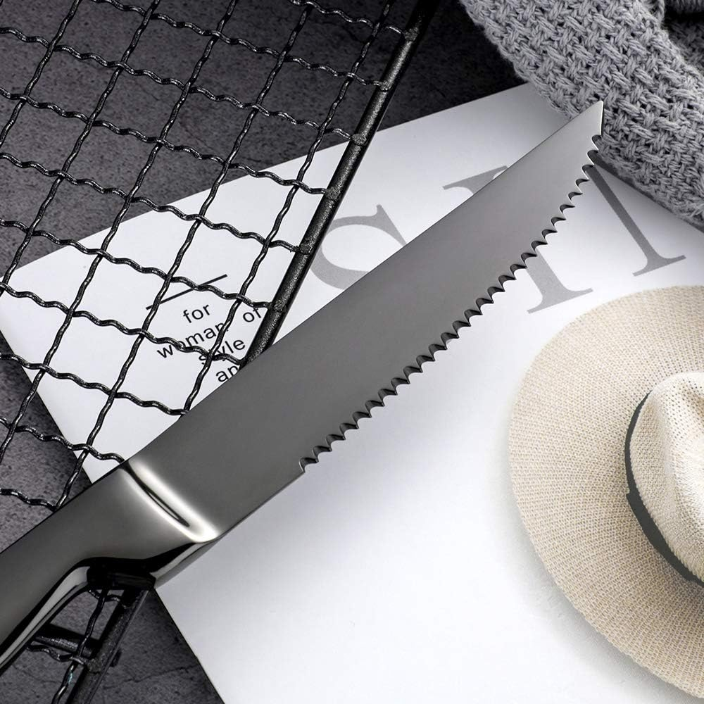 BYEGOU Stainless Steel Serrated Steak Knife Set of 6, Black Color Heacy Duty Dinner Table Knives for Cutting Meat, Beef, 8.6 Inch, Dishwasher Safe - Black image number 6