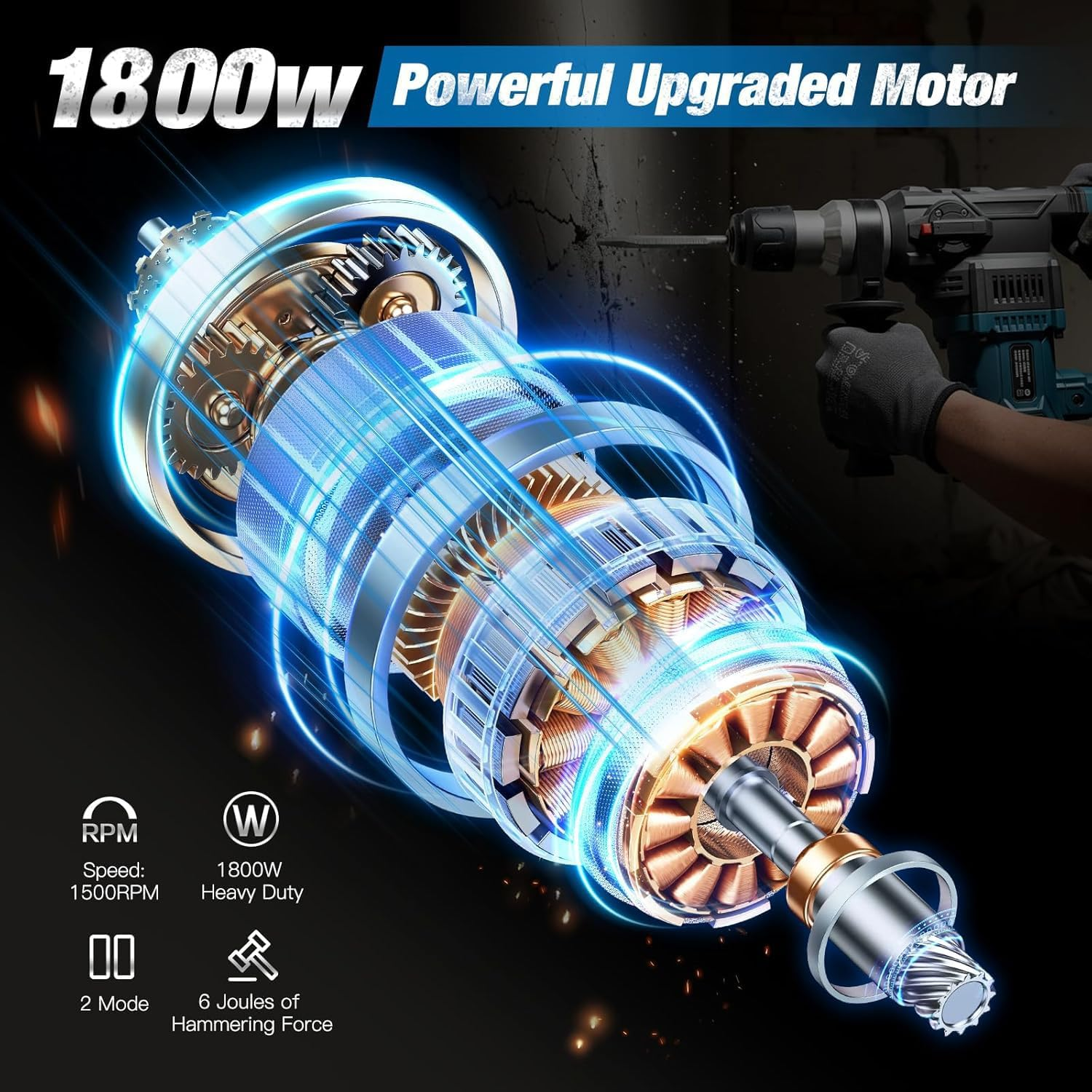 Advwin Rotary Hammer Drill, Sds-Plus Electric Impact Hammer with Safety Clutch, Adjustable Grip Angle, Vibration Buffer, Carbon Brush, 9 Drill Bits image number 5