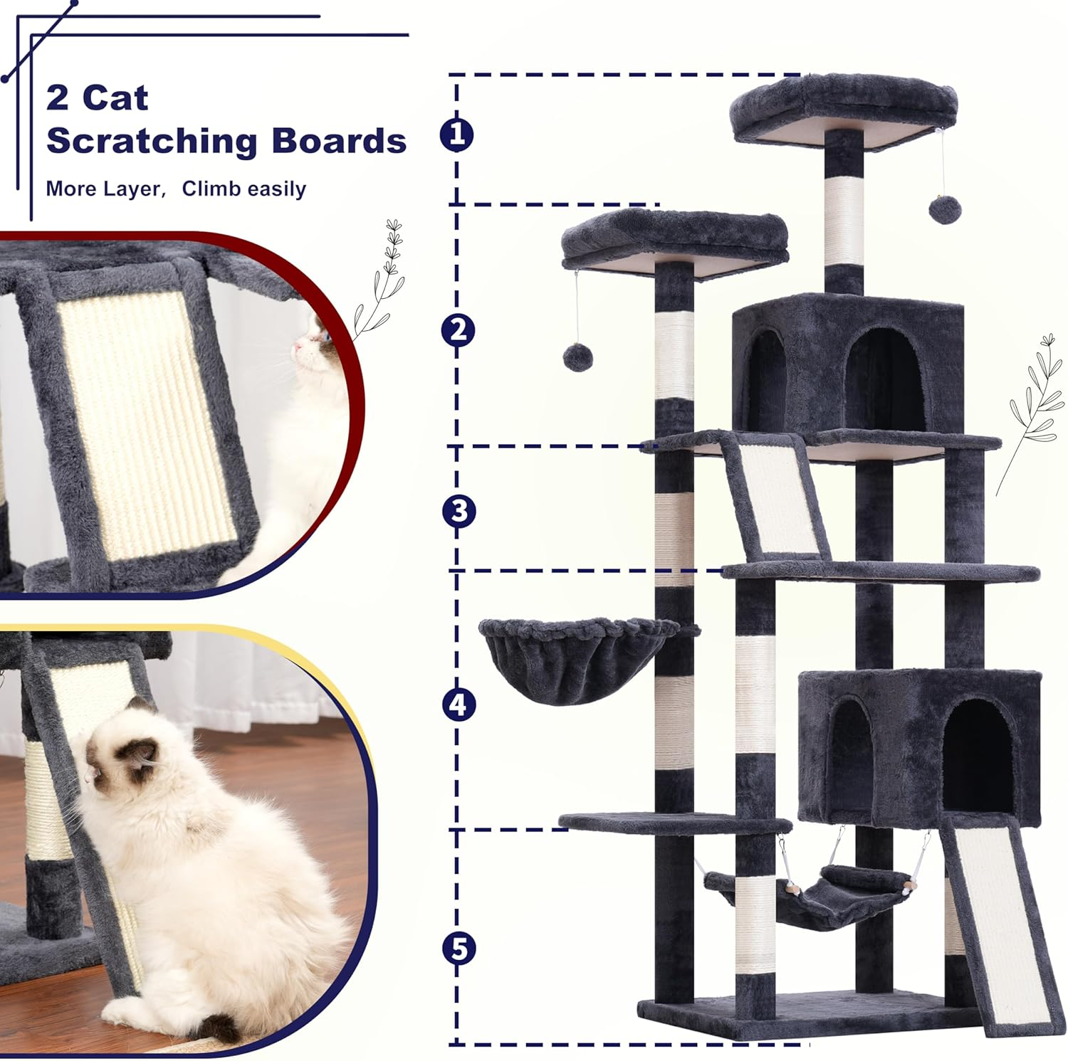 Gitelsnour Cat Tree, 71'' (180Cm) Cat Tower for Indoor Cats Large Adult, Multi-Level Cat Tree Tower with 2 Scratching Boards/Posts, 2 Plush Perches, 2 Cat Condos, Hammock, Smoky Gray GCT032G