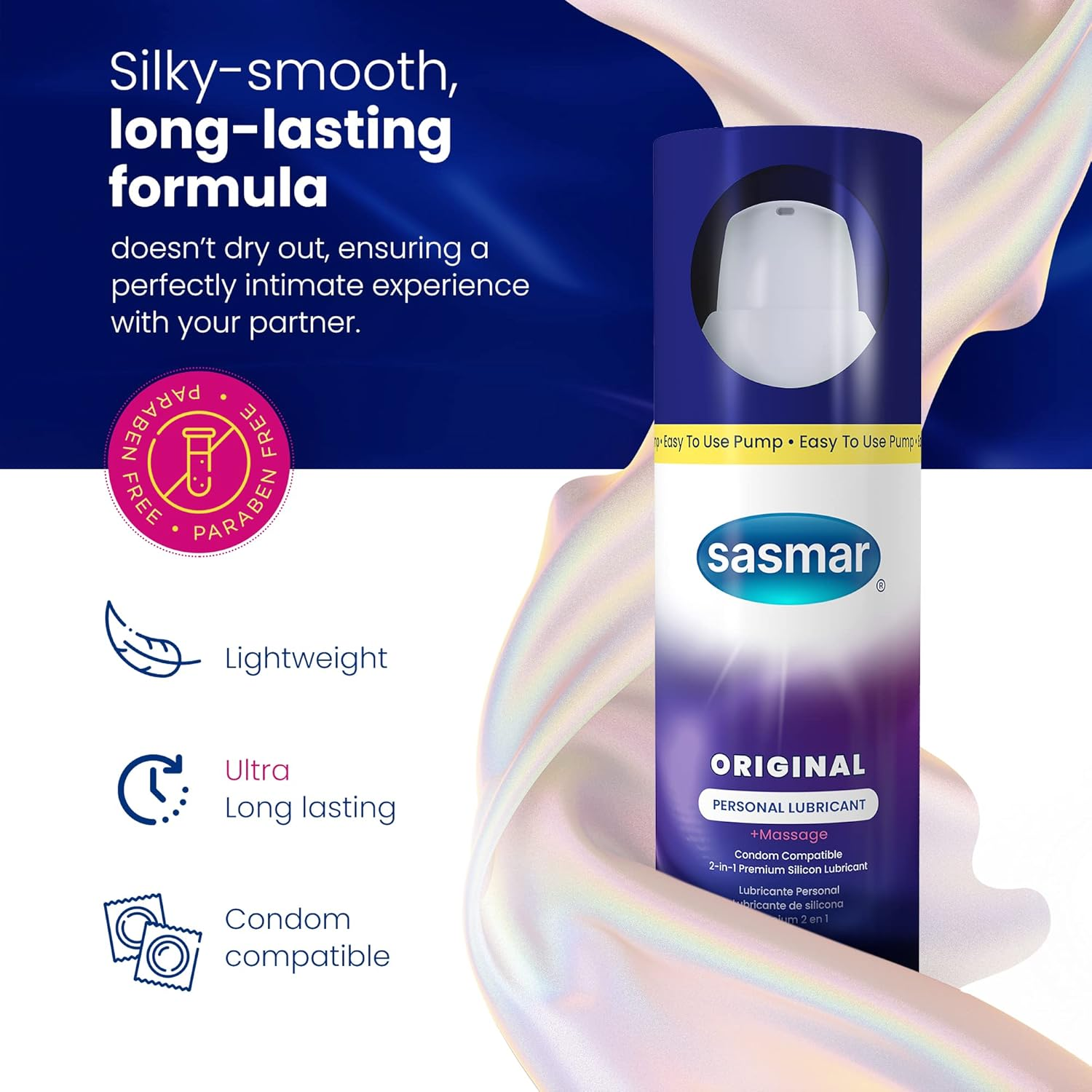 SASMAR Original Silicone Massage Gel and Personal Lubricant for Men, Women Long Lasting, Paraben Free, No Residue, Safe with Condoms & Toys 2.3 Ounce image number 3