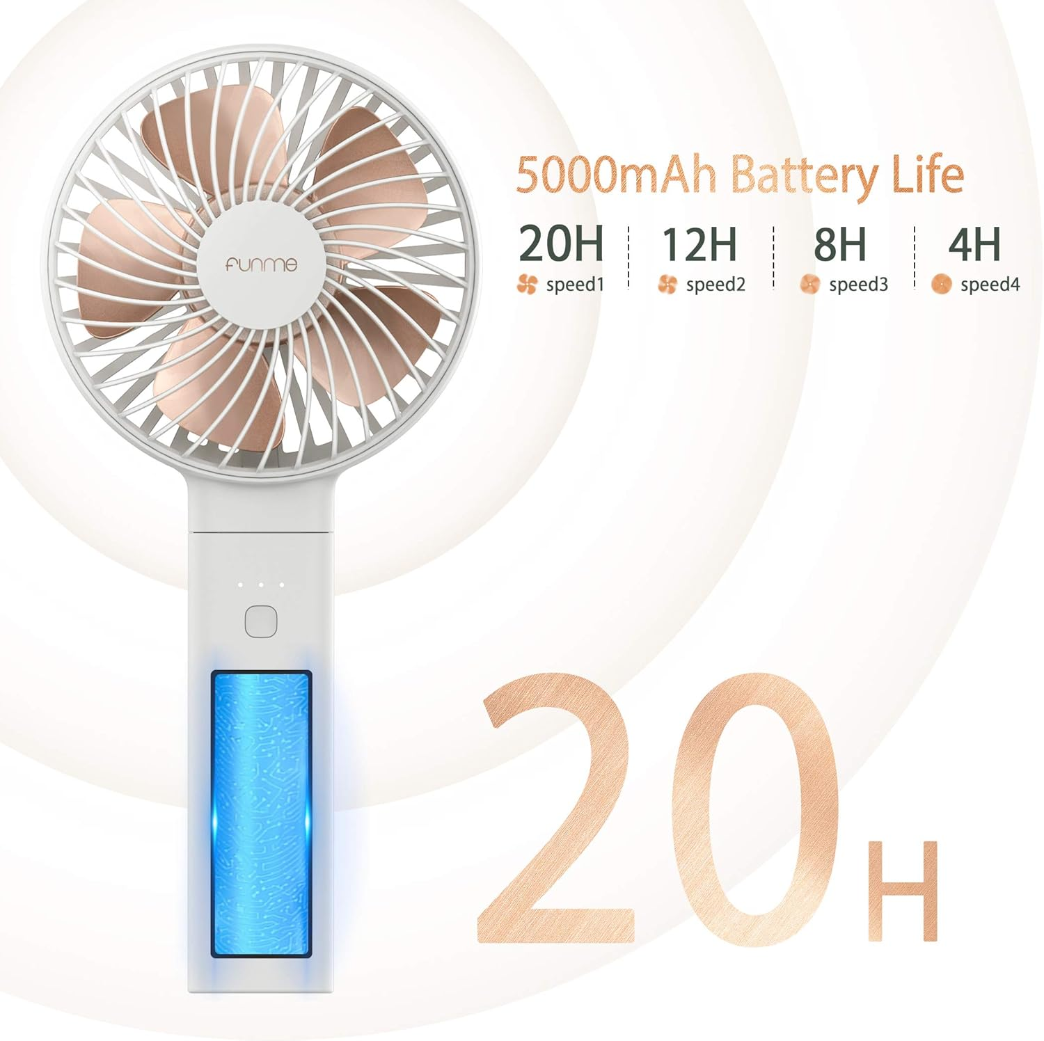 Funme Handheld Fan 5000 Battery Portable Strong Wind Fan Rechargeable, 20 Hours Quiet Foldable USB Desk Fan, 4 Speed Powerful Personal Hand Fan Exquisite for Girl Makeup Office Indoor Outdoor Holiday image number 3