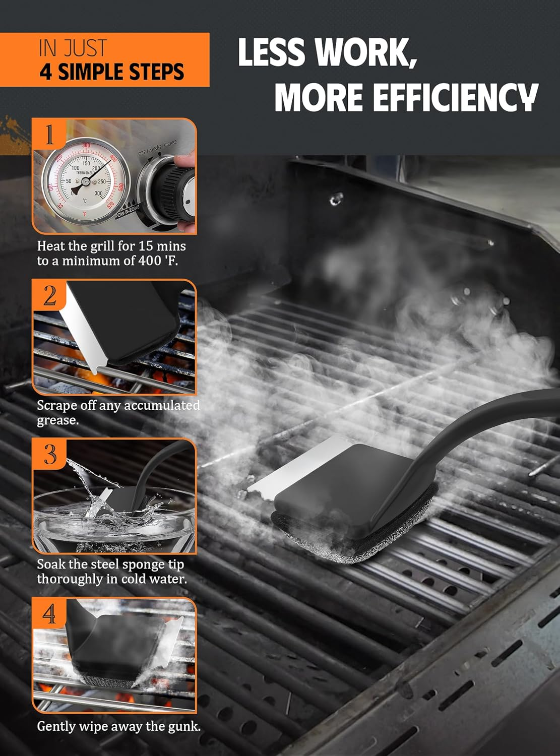 MEKER Grill Brush Bristle Free, Grill Cleaner Brush with 5 BBQ Replacement Head for Cast Iron, Stainless Steel Grates, Safe Grill Scraper Outdoor BBQ Grill, Black image number 1