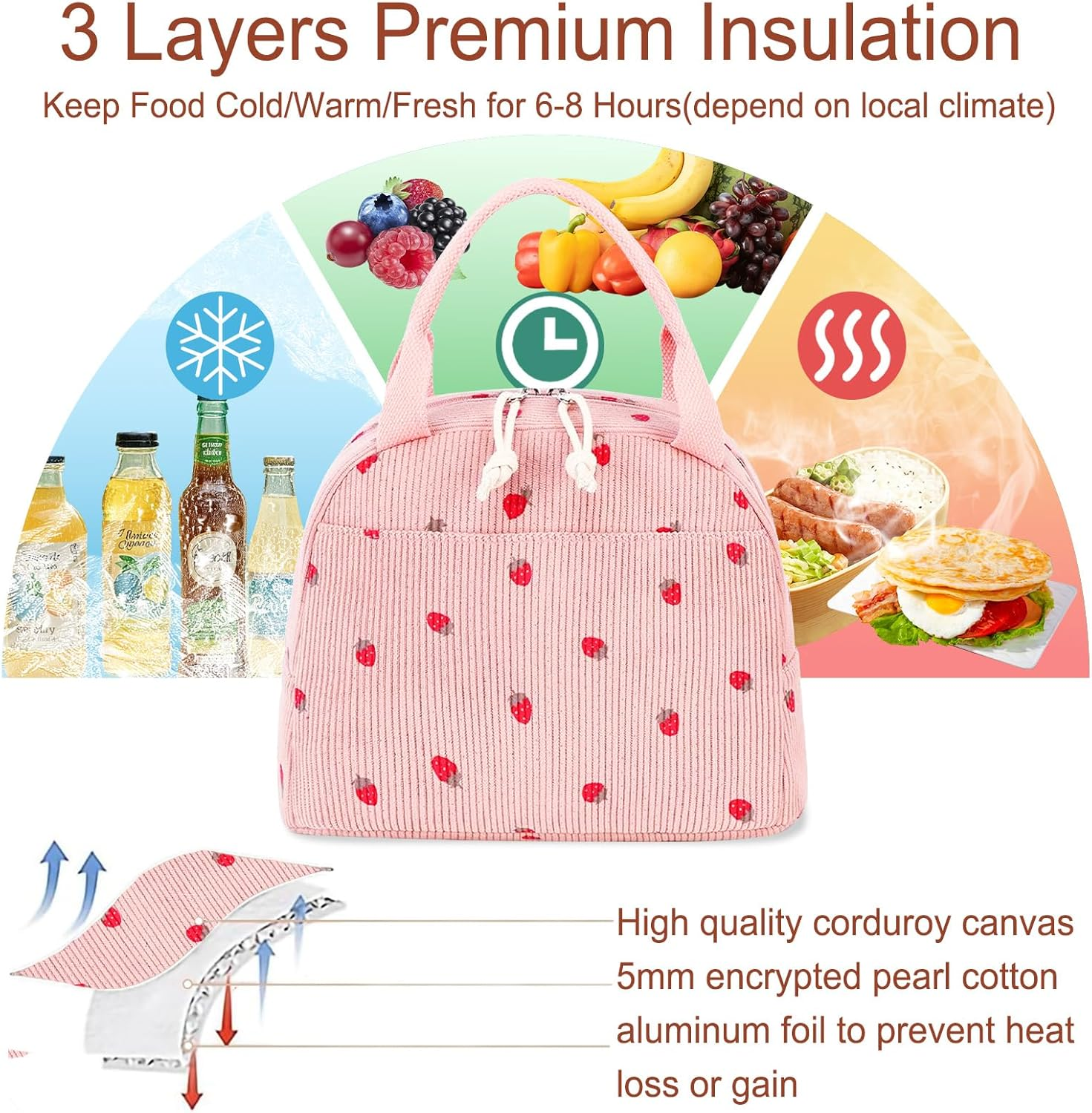 Lunch Bags for Women Insulated Cooler Lunch Bag Adults Kids Packed Lunch Box Tote Bag Cute Girls Ladies Lunch Bags for Work School Picnic Travel Pink Preppy Stuff Gifts for Teenage Girls Daughter - Beige Strawberry image number 3