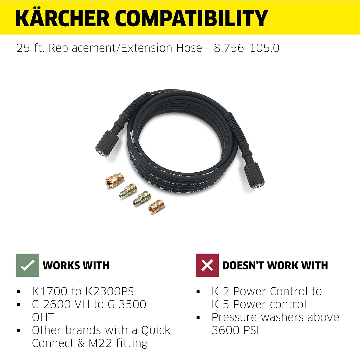 K&auml;rcher - 25' High Pressure Replacement/Extension Hose for Pressure Washers - 3600 PSI - Adapters Included - Quick Connect/M22 image number 4