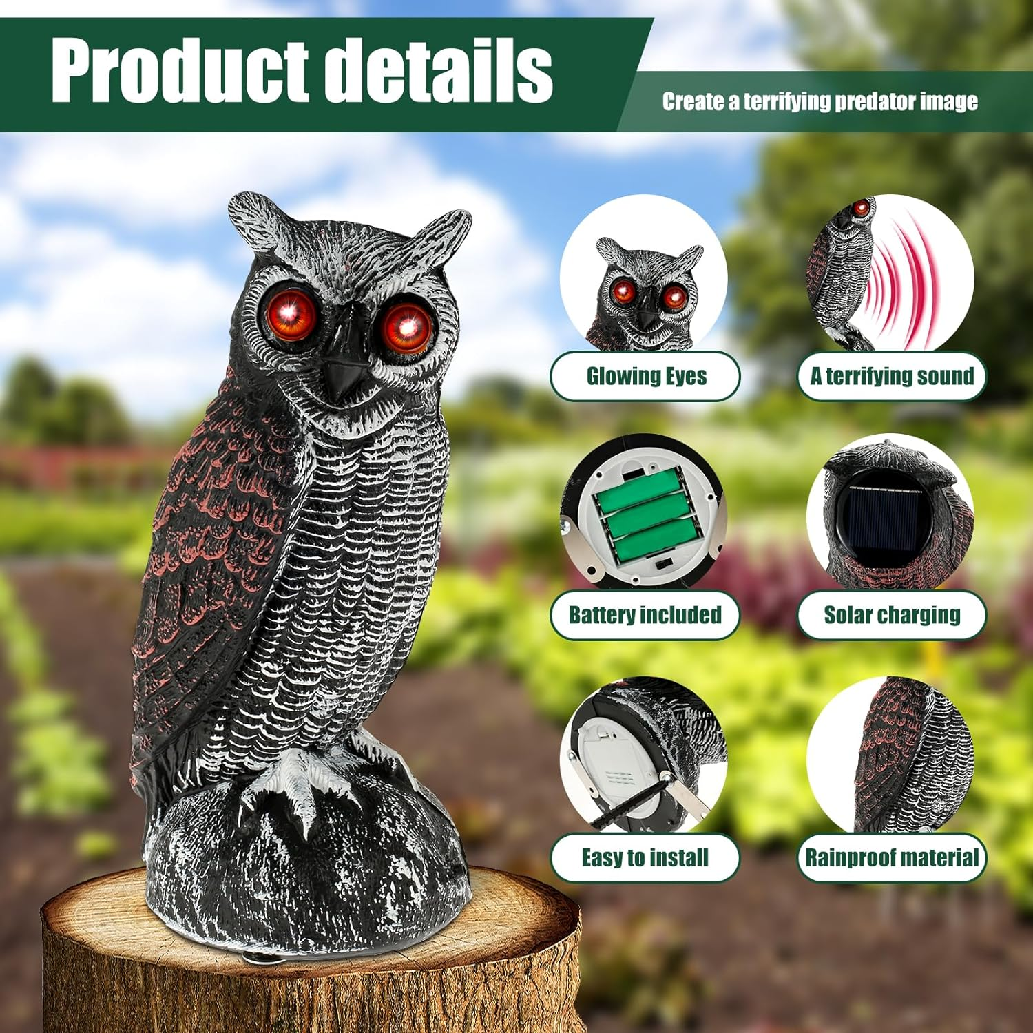 Solar Owl Decoys, Owl Bird Deterrent to Scare Birds Away with Red Flashing Eyes & Scaring Sound, 2 Working Modes Waterproof Solar Scarecrow Easy to Install to Keep Birds Away Outdoor (Set 01) - Set 02 image number 7
