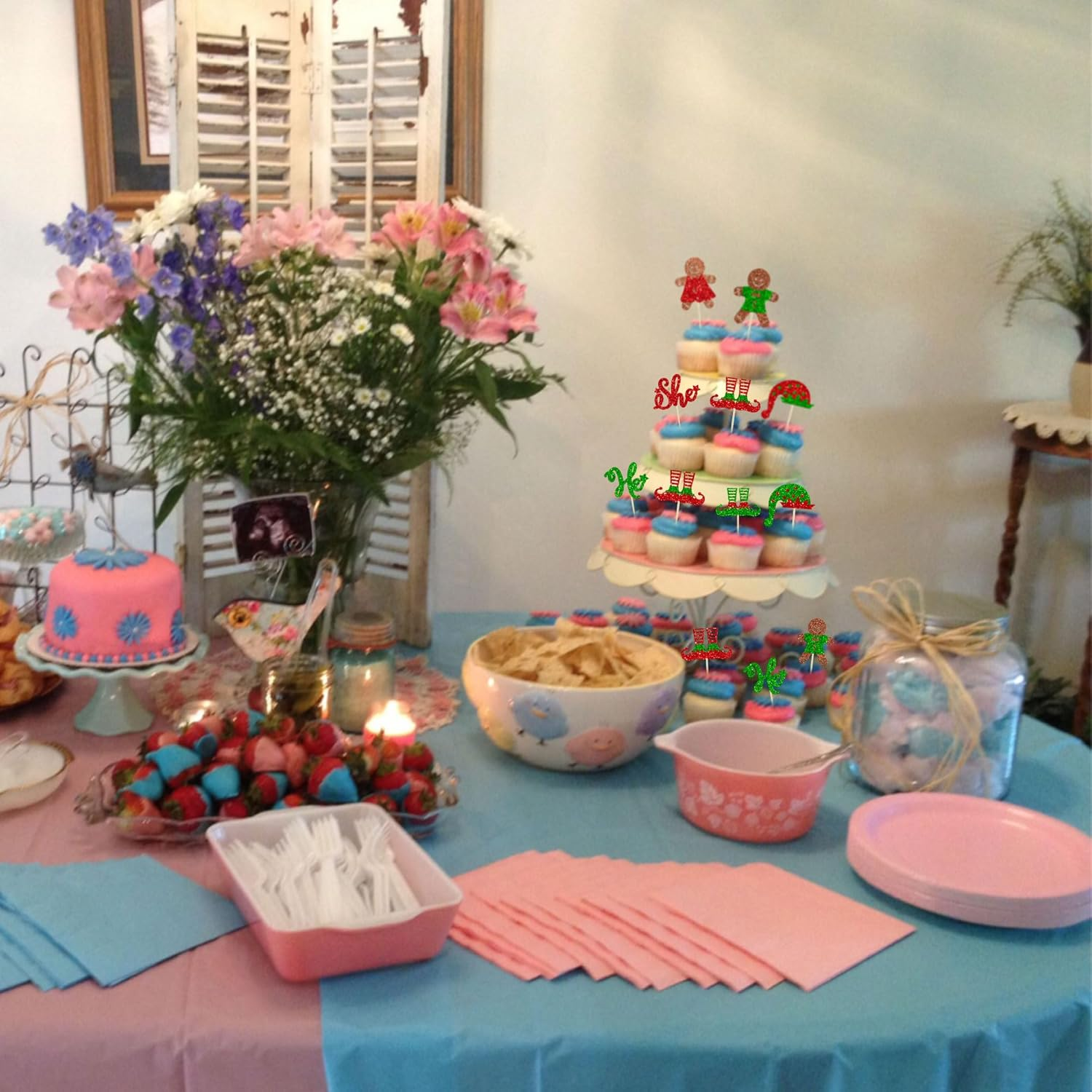 Gyufise 24Pcs Gingerbread Christmas Cupcake Toppers Glitter Gingerbread He or She Cake Topper Decorations for Christmas Theme Baby Shower Kids Birthday Party Supplies image number 1