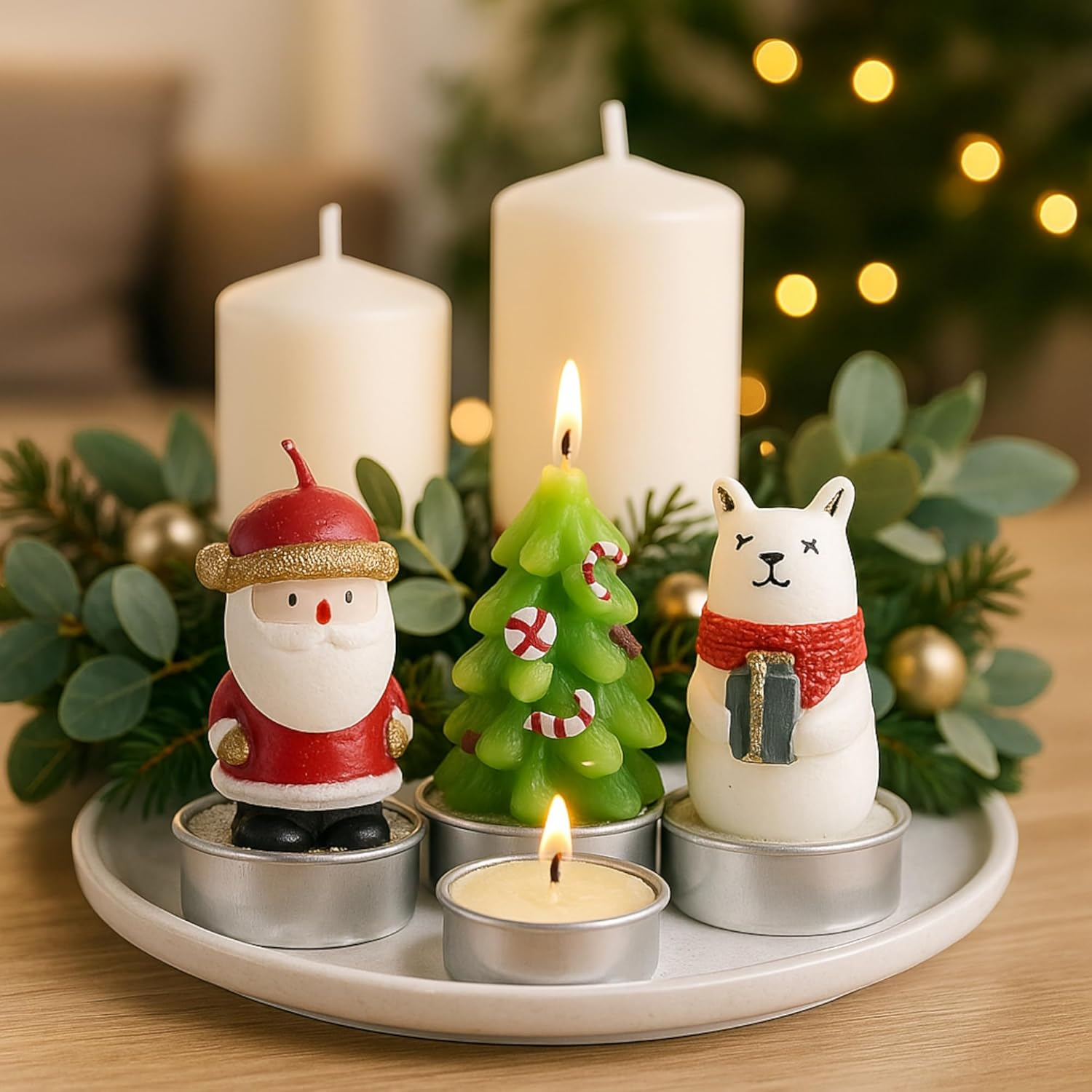 MIJOMA Christmas Tea Lights Set of 24 - Handmade Decorative Candles with Santa Claus Polar Bear Christmas Tree - Christmas Decoration Gift Idea with Long Burning Time image number 5