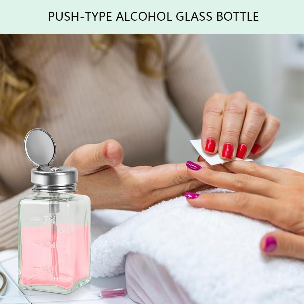 2 Pack 180 ML Square Glass Pump Dispenser Bottles &ndash; Refillable Flip-Top Bottles for Alcohol, Nail Polish Remover, Makeup Remover &ndash; Clear Travel Size Containers with Metal Cap image number 2