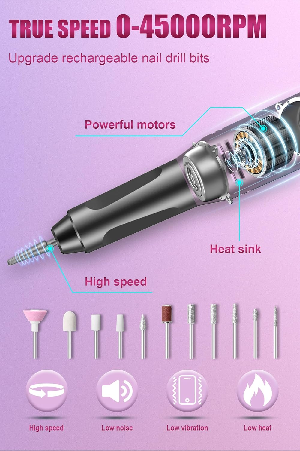 Groyal Nail Drill Electric File 45000RPM Rechargeable, Cordless with 11 Pcs Bits for Acrylic Gel Nails, Salon/Home image number 1