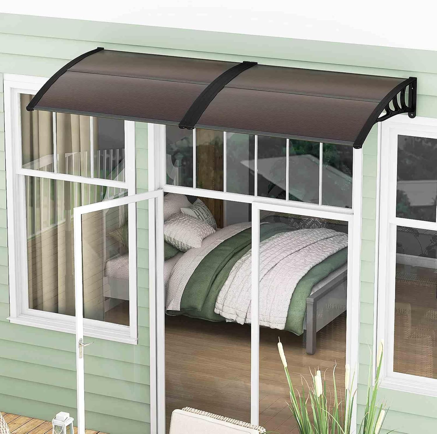 Costway 122 X 99Cm Window Door Awning Canopy W/ UPF50+ Sun Rain Snow Protection Hallow Polycarbonate Sheet, Entry Door Outdoor Patio Overhang Awing Exterior (Coffee) image number 3