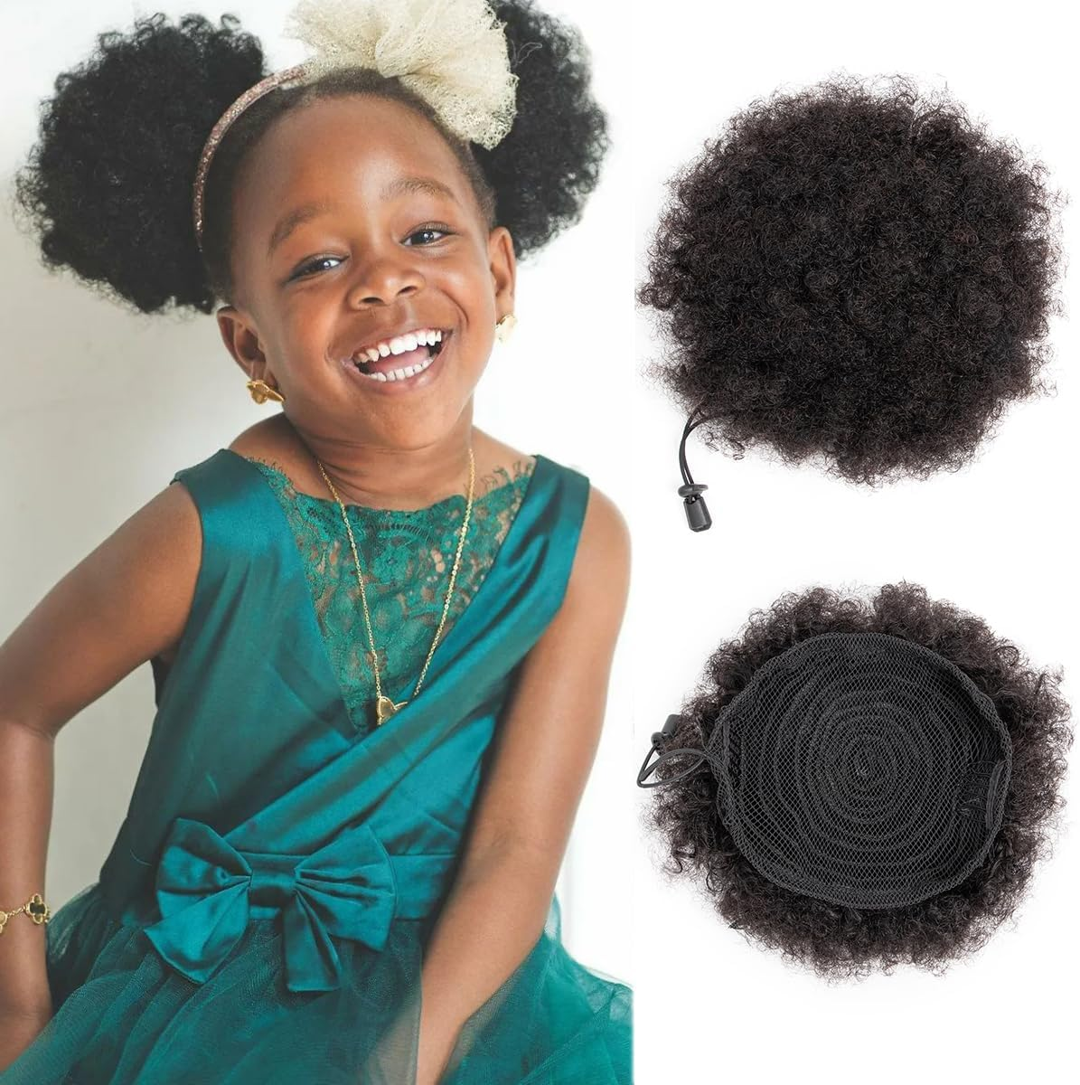 FEIPRO Afro Puff Drawstring Ponytail Human Hair Small Curly Ponytail Buns Hairpieces 8A Brazilian Virgin Hair Short Clip in Ponytails for Black Women Girls Kids 6 Inch Natural Black