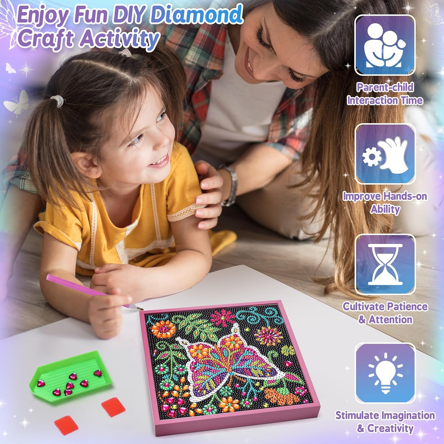Diamond Art Kits for Kids - Crafts for Girls 8-12 - Diamond Art Painting with Wooden Frame - Arts and Crafts for Kids Ages 4-6 8-10 - GEM Art Supplies Dots for Adult Beginners Home Wall Decor Gifts (Butterfly) image number 6