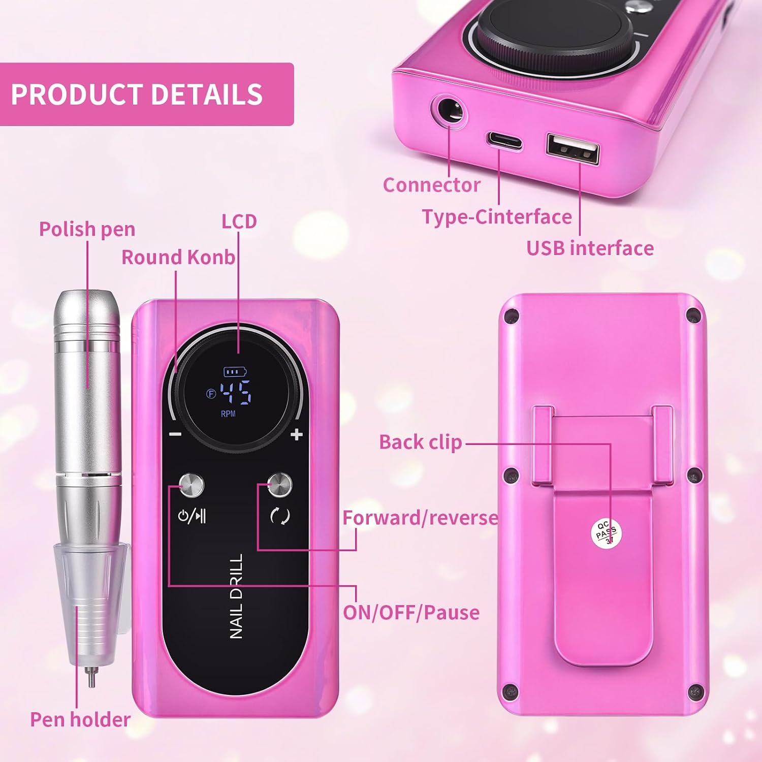 Siyuwuro Portable Nail Drill 45000 RPM Professional Cordless Rechargeable Electric Nail File for Removing Polishing Acrylic Gel Nails with 6 Drill Bits & Sanding Bands, Nail Salon Home Use (Pink) - Purple image number 2