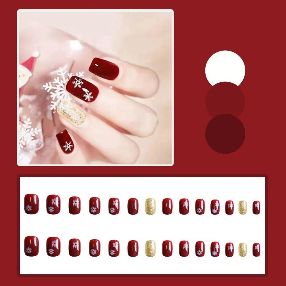 Ztcily Christmas Short Square Red and Gold False Nails with Glue for Women Girls Accessories or Gift Idea for Christmas New Year