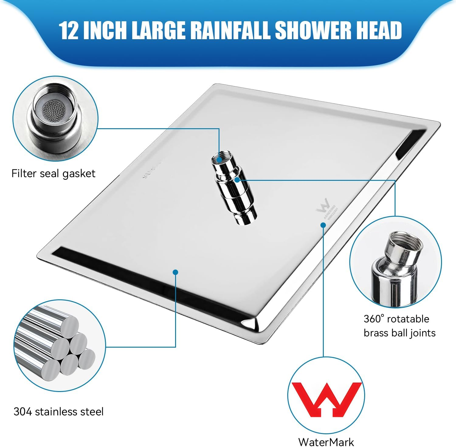 Rain Shower Head - 30Cm(12") Wide High Pressure Square Shower Heads with Silicone Nozzle,2.5 GPM Filter Washer-Waterfall Bathroom Square Showerhead - Ceiling or Wall Mount image number 5