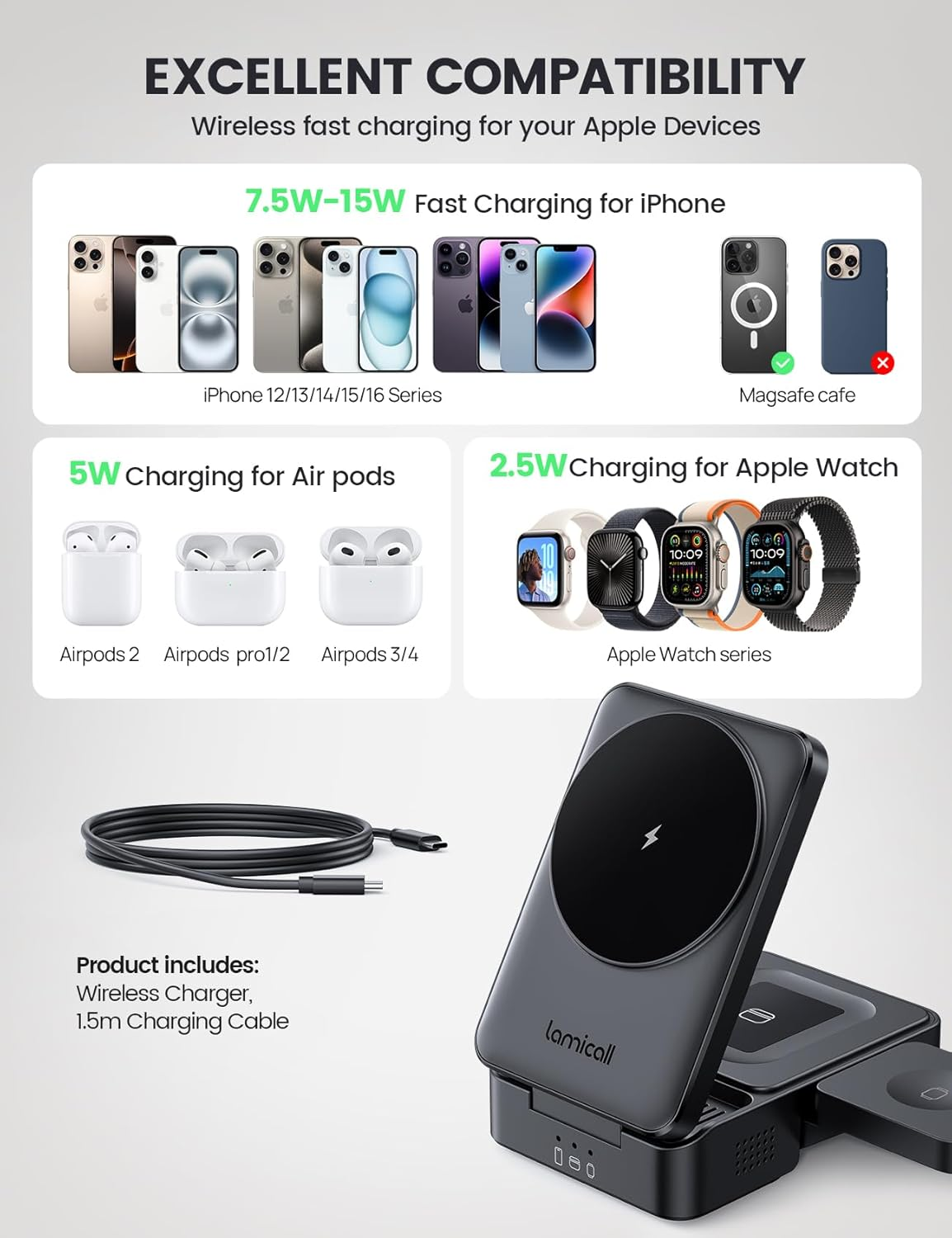 Lamicall 3 in 1 Charging Station for Apple - Foldable Wireless Charger Stand for Mag Safe Portable, Travel Wireless Charger Station for Multiple Devices for Iphone 16, 15, 14, 13, Apple Watch, Airpods